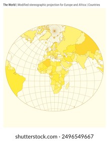 Mapa mundial. Proyección estereográfica modificada para Europa y África. Estilo de los países. Mapa mundial de alto detalle para infografías, educación, informes, presentaciones. Ilustración vectorial.