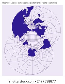 World Map. Modified stereographic projection for the Pacific ocean. Solid style. High Detail World map for infographics, education, reports, presentations. Vector illustration.