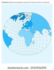 World Map. Modified stereographic projection for Europe and Africa. Continents style. High Detail World map for infographics, education, reports, presentations. Vector illustration.