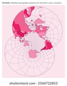 World Map. Modified stereographic projection for the Pacific ocean. Countries style. High Detail World map for infographics, education, reports, presentations. Vector illustration.