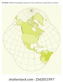 World Map. Modified stereographic projection for the conterminous United States. Countries style. High Detail World map for infographics, education, reports, presentations. Vector illustration.