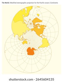 World Map. Modified stereographic projection for the Pacific ocean. Continents style. High Detail World map for infographics, education, reports, presentations. Vector illustration.