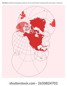 World Map. Modified stereographic projection for the United States including Alaska and Hawaii. Continents style. High Detail World map for infographics, education, reports, presentations.