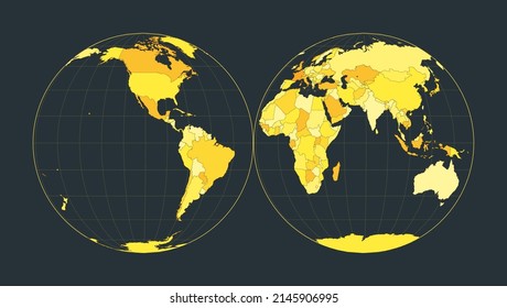 World Map. Mollweide projection interrupted into two (equal-area) hemispheres. Futuristic world illustration for your infographic. Bright yellow country colors. Creative vector illustration.