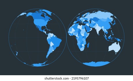 World Map. Mollweide projection interrupted into two equal-area hemispheres. Futuristic world illustration for your infographic. Nice blue color palette. Creative vector illustration.