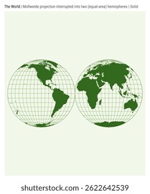 World Map. Mollweide projection interrupted into two (equal-area) hemispheres. Solid style. High Detail World map for infographics, education, reports, presentations. Vector illustration.