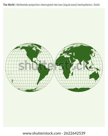 World Map. Mollweide projection interrupted into two (equal-area) hemispheres. Solid style. High Detail World map for infographics, education, reports, presentations. Vector illustration.