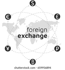 World map, money and bitcoin icon. Abstract sign currency exchange flat design. Illustration. Editable eps10 Vector. Transparent background.