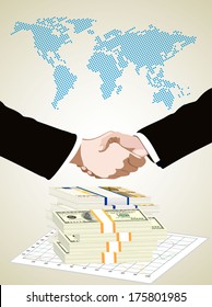 World map, money end graph over it handshake