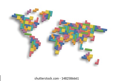 World map mosaic of 3D colorful blocks. Vector illustration.