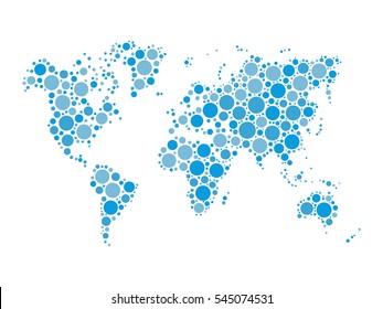 World Map Mosaic Of Blue Dots In Various Sizes And Shades On White Background. Vector Illustration. Abstract Background Theme.