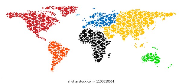 World map mosaic of dollar symbols and round spots in variable sizes. Abstract vector cash and GDP world map. Money symbols and circles are combined into cartography plan design concept.