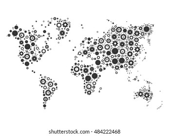 World map mosaic of grey cog wheels on white background. Industrial theme. Vector illustration.