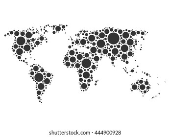 World map mosaic of grey dots in various sizes on white background. Vector illustration. World map background theme.