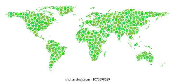 World Map mosaic of random circle elements in various sizes and green color hues. Vector spheric items are grouped into world map illustration. Eco cartography map design concept.