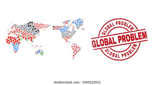 World map mosaic and rubber Global Problem red round stamp seal. Global Problem stamp uses vector lines and arcs. World map mosaic includes helmets, houses, wrenches, suns, men, and more pictograms.