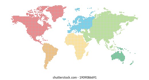 World map mosaic of small dots in defferent color for each continent. Dotted design. Simple flat vector illustration.