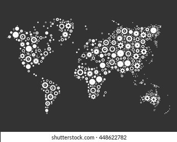 World map mosaic of white cog wheels on grey background. Industrial theme. Vector illustration.