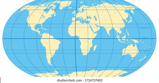 World map with most important circles of latitudes and longitudes, showing Equator, Greenwich meridian, Arctic and Antarctic Circle, Tropic of Cancer and Capricorn. English. Illustration. Vector.