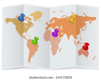 World map with multicolored pins. Vector illustration