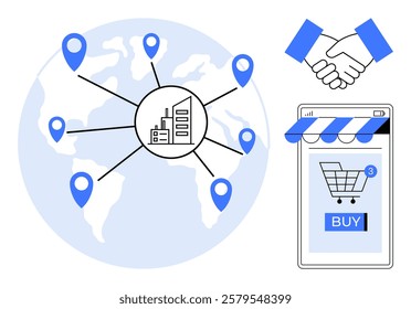 World map with multiple location pins connected to a central building, handshake symbol for partnerships, and online store interface with a shopping cart. Ideal for global business, e-commerce