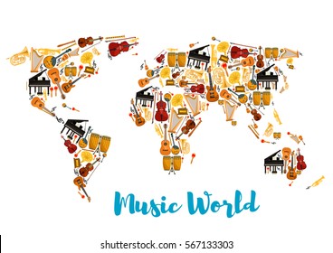 World Map Of Musical Instruments. Acoustic And Electric Guitar, Saxophone, Drum Kit And Lyre, Piano, Horn And Trumpet, Flute And Treble Clef, Contrabass And Fiddle. Concert Or Show Theme.