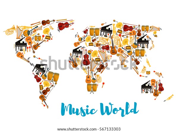 World map of musical instruments. Acoustic and\
electric guitar, saxophone, drum kit and lyre, piano, horn and\
trumpet, flute and treble clef, contrabass and fiddle. Concert or\
show theme.