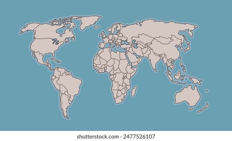 World map with muted color. World map with coutry border outline. All country map vector design