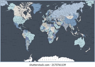 Mapa mundial con nombres de países, capitales y objetos acuáticos. Ilustración vectorial muy detallada del Mapa Mundial.