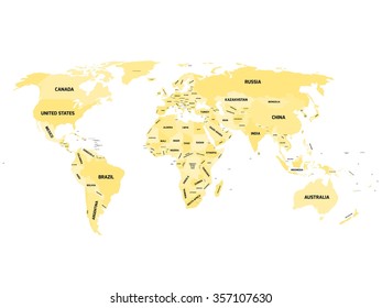 World map with names of sovereign countries and larger dependent territories. Simplified vector map in four shades of yellow on white background.