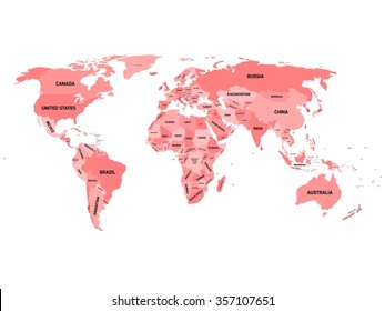 World map with names of sovereign countries and larger dependent territories. Simplified vector map in four shades of red on white background.