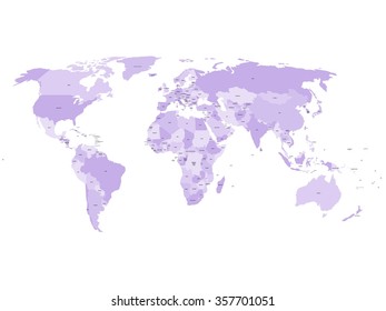 World map with names of sovereign countries and larger dependent territories. Simplified vector map in four shades of violet on white background.