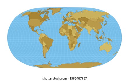 World Map. Natural Earth II projection. Map of the world with meridians on blue background. Vector illustration.