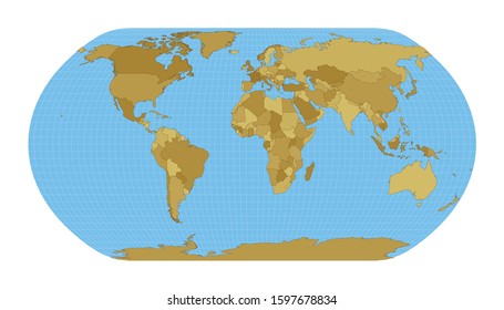 World map in Natural Earth projection with meridians on a blue background. Vector illustration.