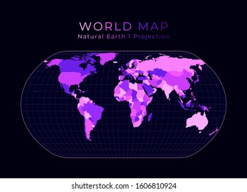 World Map. Natural Earth projection. Digital world illustration. Bright pink neon colors on dark background. Charming vector illustration.