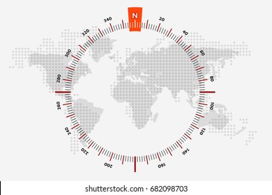 World map nautical travel.  Dotted World map. Scale is 360 degrees. North designation. America, Europe, Atlantic Ocean. Lowpoly triangular. Vector illustration. White background. Eps10.
