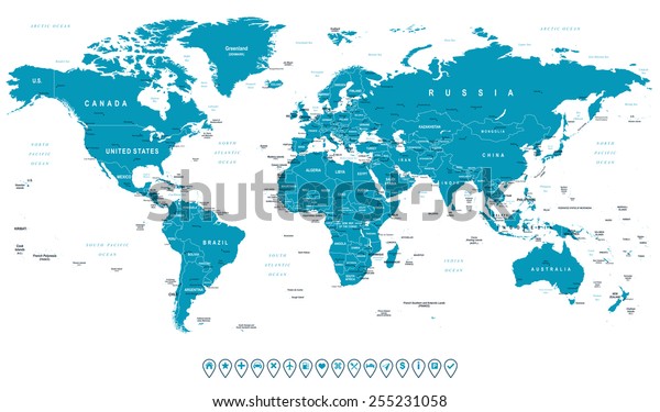 World Map and navigation\
icons - illustration. Highly detailed world map: countries, cities,\
water objects
