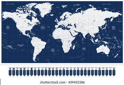 World map and Navigation Map Labels. All elements are separated in editable layers clearly labeled.