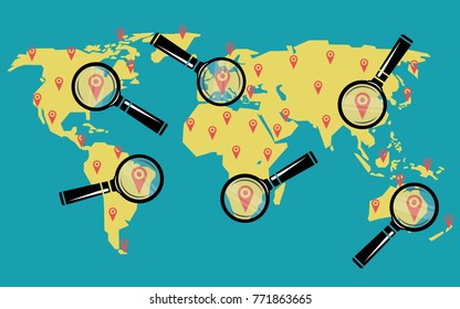 world map with navigation and magnifying glass vector illustration