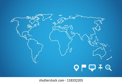 World map with navigation pointers set. Vector image.