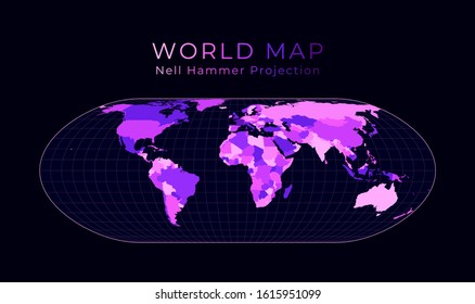 World Map. Nell-Hammer projection. Digital world illustration. Bright pink neon colors on dark background. Cool vector illustration.