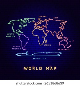 Mapa do Mundo Neon Continents com Texto. Ilustração em Arte Brilhante Vetorial de Forma Geográfica. Geografia e Cartografia. Objeto De Lâmpada De Led.