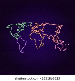 Mapa do Mundo Neon Silhouettes. Ilustração em Arte Brilhante Vetorial de Forma Geográfica. Geografia e Cartografia. Objeto Continente De Lâmpada Led.