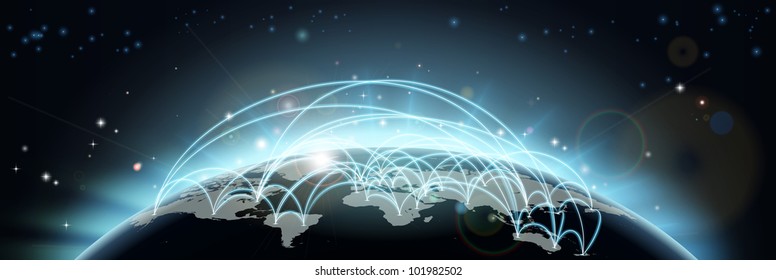 A World Map Network Background With Flight Paths Or Trade Routes Or Communication Between Countries And Cities