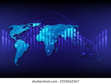 World map network communication vector background. Global technology, social network and business connection with nodes and links concept