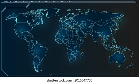 World map network connection lines background. Magic blue portal on futuristic background. Magic circle teleport podium. GUI, UI, 3d virtual reality projector. Abstract hologram technology. Vector