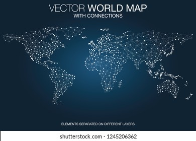 World map network with connections, global communication and business concept, telecommunication technology, internet of things (IoT), web and mobile phone data transfer connected, vector