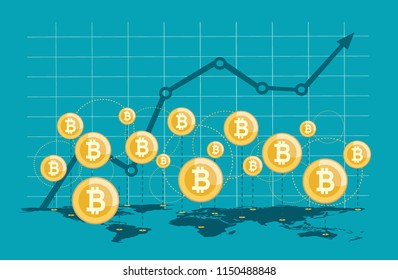 World map with world network and crypto currency bitcoin illustration. Vector illustration in flat design