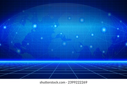 World map with network neon line and binary code scene. Futuristic technological grid background. Digital cyber space design, cyberpunk technology, Virtual reality, science fiction matrix backdrop