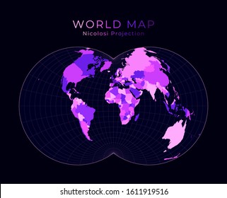 World Map. Nicolosi globular projection. Digital world illustration. Bright pink neon colors on dark background. Creative vector illustration.